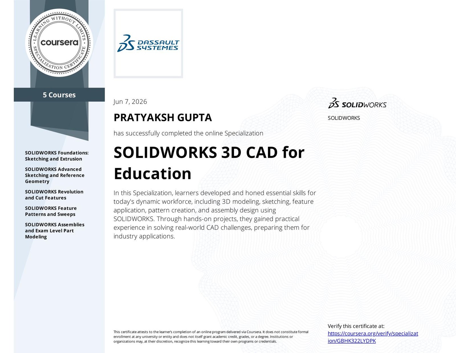 SOLIDWORKS 3D CAD for Education Specialization Certificate!